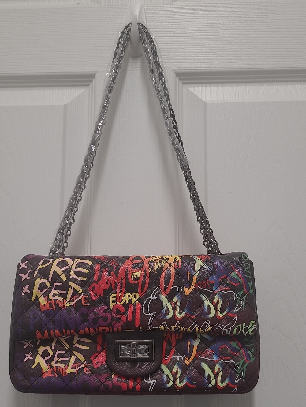 Multicolor Graffiti Quilted Med Size Shoulder Bag - Designer Style